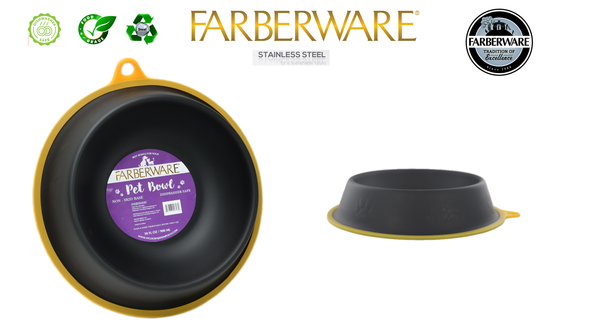 BLACK STAINLESS STEEL SLANT BOWL - PAW PRINT WITH SILICONE NON-SLIP WITH CARRY HOLE (1PC) 900 ML / 30 OZ