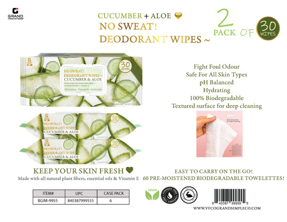 NO SWEAT! DEODORANT WIPES CUCUMBER + ALOE 2 PACK OF 30 WIPES