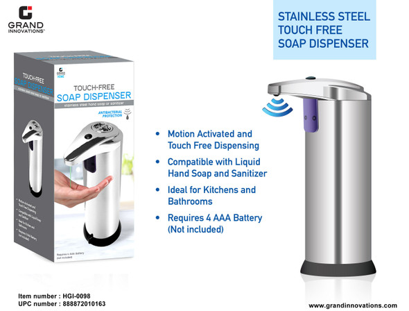 STAINLESS STEEL TOUCH FREE SOAP DISPENSER
