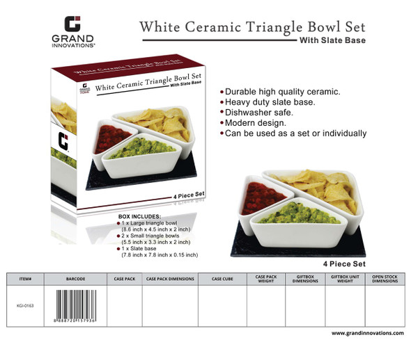 4 PC: 3 WHITE CERAMIC BOWLS & TRIANGLE SLATE BASE