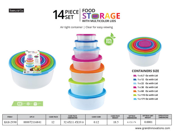 14 PCS ROUND FOOD STORAGE SET - MULTICOLORS LIDS