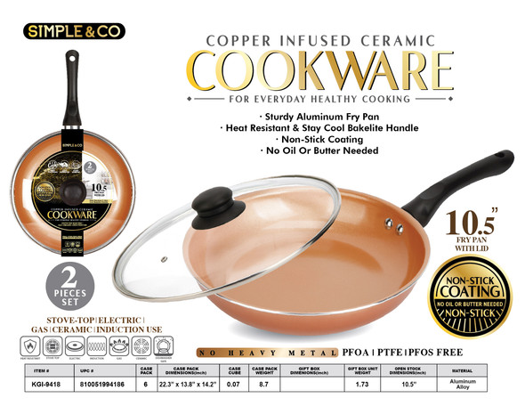 2 PCS SET-10.5'' COPPER FRY PAN W/LID WITH BAKE LITE HANDLE