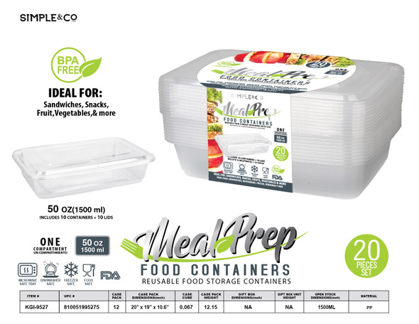 20 PCS SET RECTANGULAR FOOD CONTAINER 6 CUPS - 1500 ML CLEAR BOTTOM WITH CLEAR LID