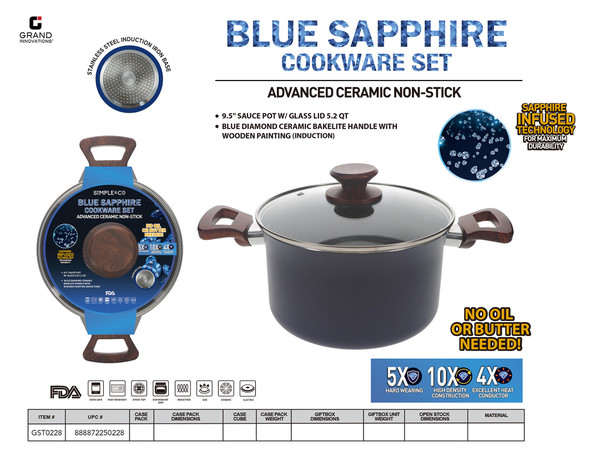 9.5" SAUCE POT W/ GLASS LID 5.2 QT - BLUE DIAMOND CERAMIC BAKELITE HANDLE WITH WOODEN PAINTING (INDUCTION)