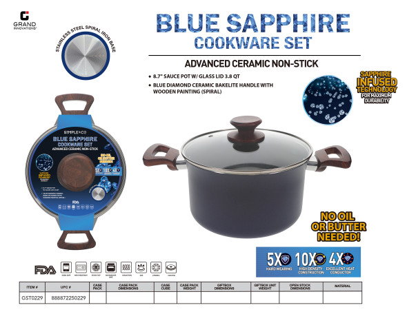 8.7" SAUCE POT W/ GLASS LID 3.8 QT. - BLUE DIAMOND CERAMIC BAKELITE HANDLE W/ WOODEN PAINTING (SPIRAL)