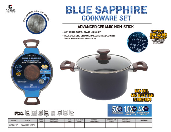 8.7" SAUCE POT W/ GLASS LID 3.8 QT. - BLUE DIAMOND CERAMIC BAKELITE HANDLE W/ WOODEN PAINTING (INDUCTION)