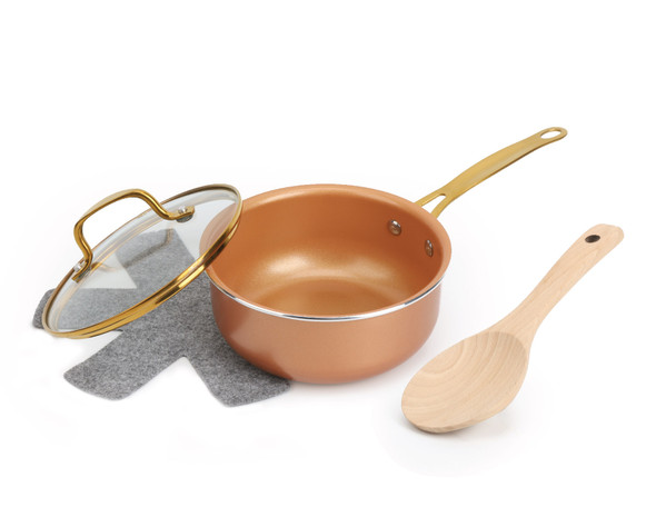 1.7QT COPPER SAUCEPAN W/LID FLAT GOLD HANDLE