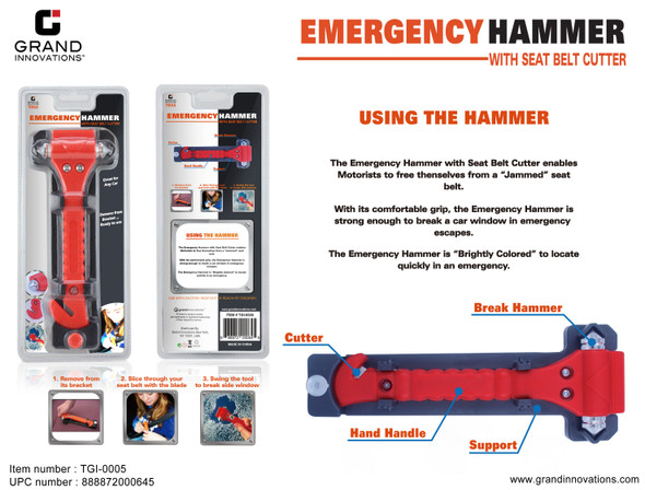 EMERGENCY HAMMER & SEAT BELT CUTTER - RED