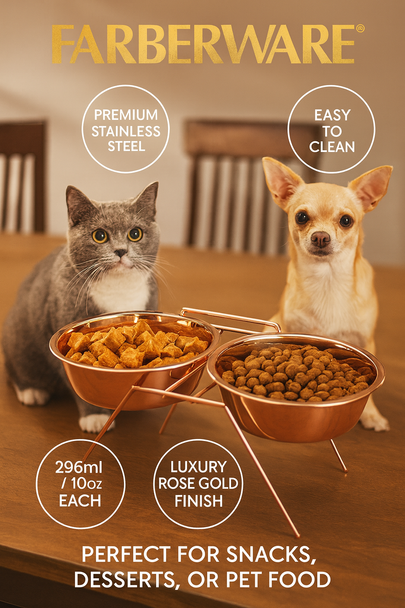 3 PCS SET: ROSE GOLD STAINLESS STEEL 2 BOWLS WITH RACK - 296ML / 10 OZ