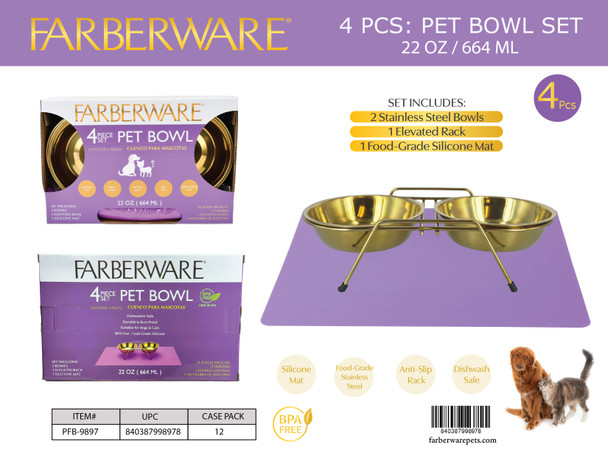 4 PCS SET - 2 STAINLESS STEEL BOWLS, 1 RACK & SILICONE MAT (GOLD WITH PURPLE MAT) 664 ML / 22 OZ