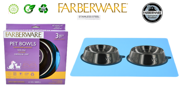 SILVER STAINLESS STEEL SLANT BOWL - 3PC SET 2 BOWLS 1 MAT WITH NON SLIP SILICONE WITH CARRY HOLE  900 ML / 30 OZ