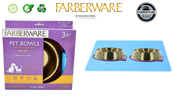 GOLD STAINLESS STEEL SLANT BOWL - 3PC SET 2 BOWLS 1 MAT WITH NON SLIP SILICONE WITH CARRY HOLE  900 ML / 30 OZ