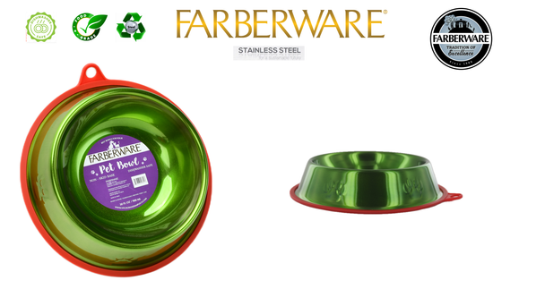 GREEN STAINLESS STEEL SLANT BOWL - PAW PRINT WITH SILICONE NON-SLIP WITH CARRY HOLE (1PC) 900 ML / 30 OZ