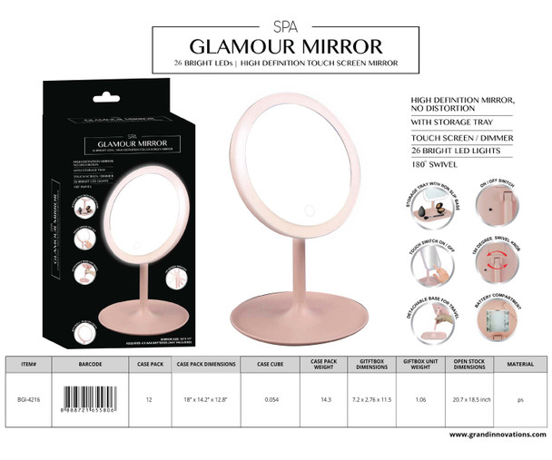 ROUND LED MIRROR WITH COSMETIC ORGANIZER - PINK