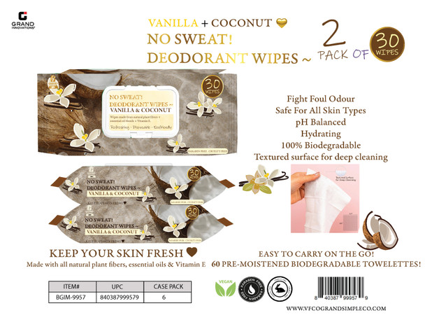 NO SWEAT! DEODORANT WIPES VANILLA & COCONUT 2 PACK OF 30 WIPES