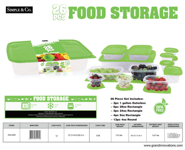 26 PC: RECTANGULAR FOOD STORAGE SET: RED/GREEN/PURPLE