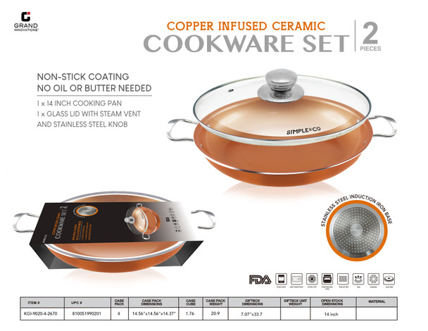 2 PCS SET- 14" COPPER PAN WITH GLASS LID