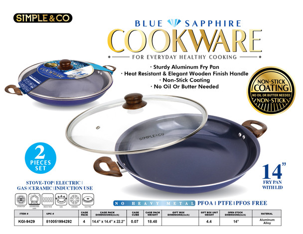 2PCS SET-14'' BLUE SAPPHIRE FRY PAN WITH WOODEN HANDLE & LID