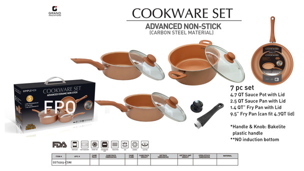 7 PC CS 4.7QT SAUCE POT WITH LID, 2.8 QT SAUCE PAN W/ LID, 1.4 QT SAUCE PAN W/ LID, 9.5" FRY PAN (NO LID) (NO INDUCTION)