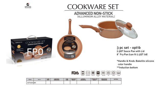 3 PC ALUMINUM ALLOY 2.5 QT SAUCE PAN W/ LID, 8" FRY PAN, SET W/ SILICONE ORANGE HANDLE OPT 1-B (FULL INDUCTION BOTTOM)
