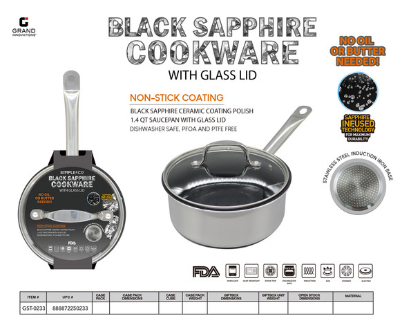 1.4 QT SAUCEPAN WITH GLASS LID - BLACK SAPPHIRE CERAMIC COATING POLISH