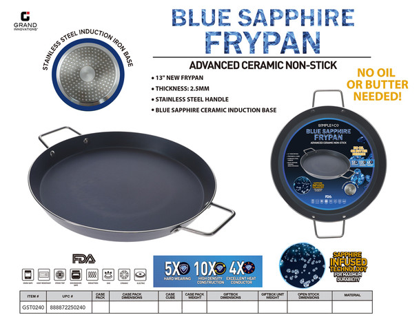 13" NEW GRIDDLE FRYPAN, THICKNESS: 2.5MM, INDUCTION BOTTOM, WITH LOGO, STAINLESS STEEL HANDLE, 1.BLUE SAPPHIRE CERAMIC) INDUCTION BASE