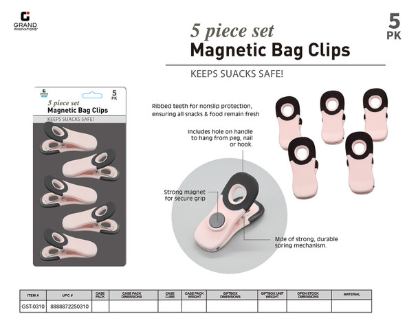 5 PIECE SET MAGNETIC BAG CLIPS KEEP SNACKS SAFE!