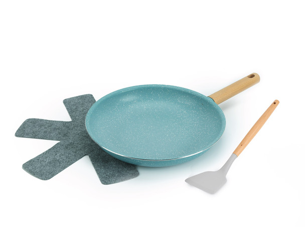 12'' FRY PAN WOOD HANDLE TURQUOISE NONSTICK