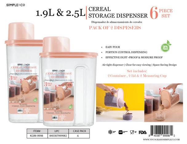 6 PCS SET - PACK OF 2 CEREAL STORAGE DISPENSERS - 1.9L & 2.5L
