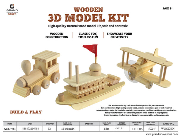 12 PC PDQ WOOD MODEL KIT 3 STYLES: TRAIN, PLANE, BOAT