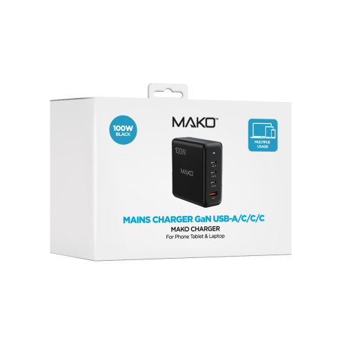 Mako 100W GaN2 UK Mains Charger USB-C/USB-C/USB-C/USB-A in Black