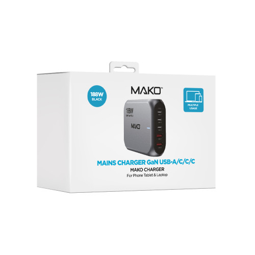 Mako 188W GaN2 UK Mains Charger USB-C/USB-C/USB-C/USB-A in Black