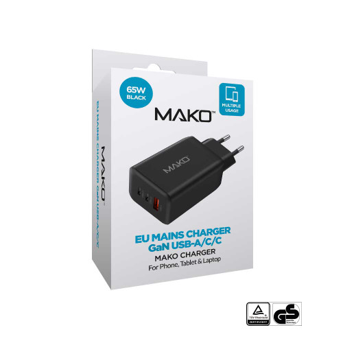 Mako 65W GaN2 EU Mains Charger for USB-C/USB-C/USB-A in Black
