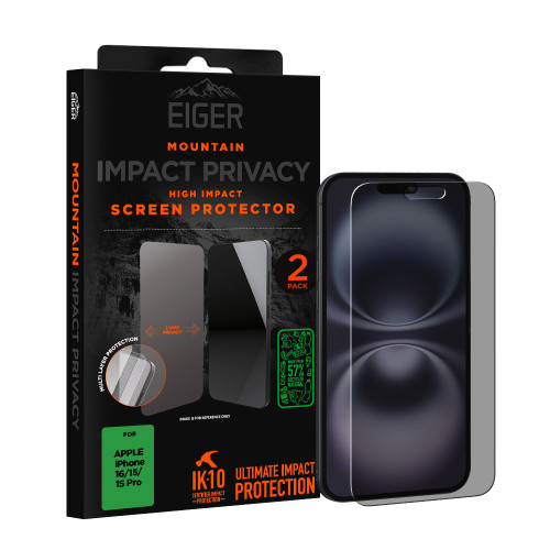 Eiger Mountain IMPACT Privacy Screen Protector GRS 2 Pack for Apple iPhone 16/ 15/ 15 Pro