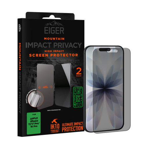 Eiger Mountain IMPACT Privacy Screen Protector GRS 2 Pack for Apple iPhone 17/ 17 Pro/ 16 Pro
