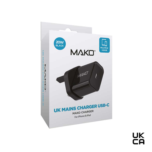Mako 20W UK Mains Charger for USB-C in Black