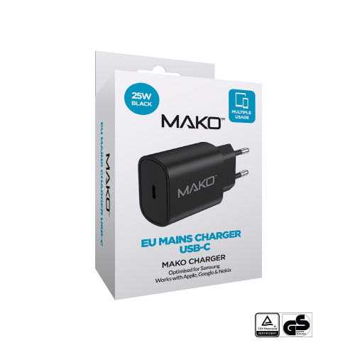 Mako 25W EU Mains Charger for USB-C in Black