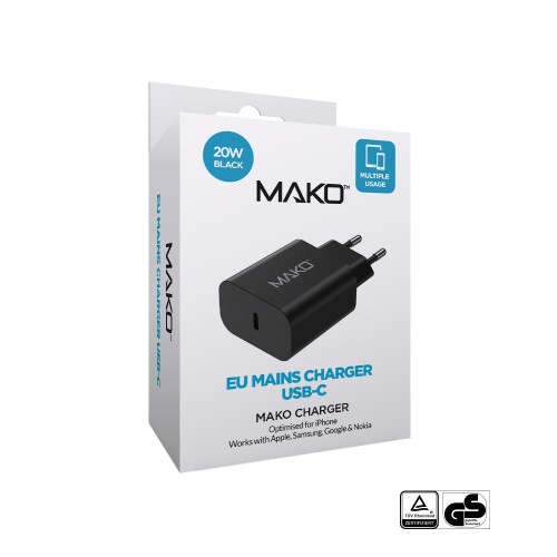 Mako 20W EU Mains Charger for USB-C in Black