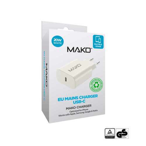 Mako 20W EU Mains Charger for USB-C in White