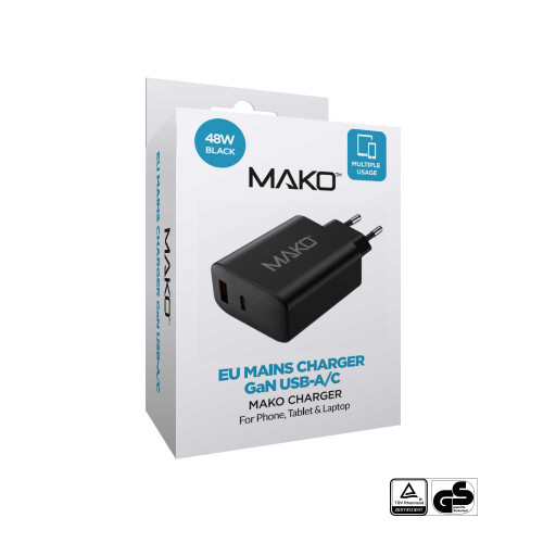 Mako 48W GaN2 EU Mains Charger for USB-C/USB-A in Black