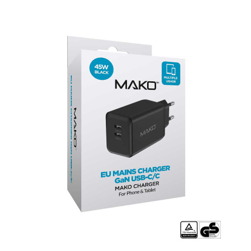 Mako 45W GaN2 EU Mains Charger for USB-C/USB-C in Black