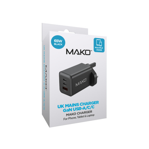 Mako 65W GaN2 UK Mains Charger for USB-C/USB-C/USB-A in Black