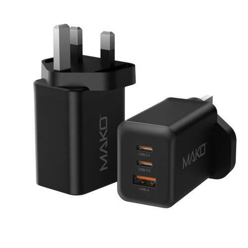 Mako 65W GaN2 UK Mains Charger for USB-C/USB-C/USB-A in Black