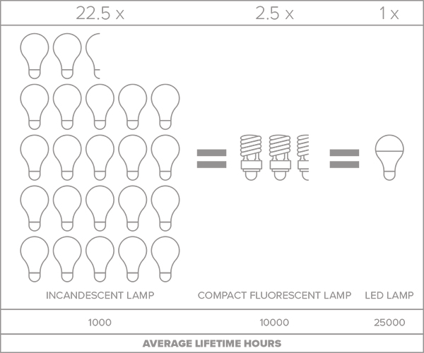 Infographic showing that One LED bulb lasts 22.5 times more than an incandescent bulb and 2.5 times more than a fluorescent bulb. 