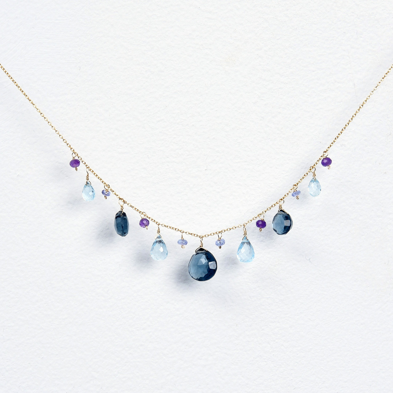 London blue quartz, blue topaz, tanzanite & amethyst necklace