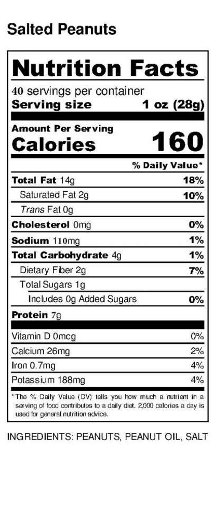 Virginia peanuts salted nutrition panel 40 oz. tin.