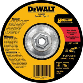 DeWalt Type 27 Metal Grinding Wheel - With Hub (Threaded) - 7" x 1/4", 5/8"-11 Arbor, A24R Grit, 8,700 Max RMP