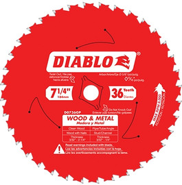 Diablo Carbide Wood & Metal Circular Saw Blade , 7-1/4"Dia, 5/8" Arbor, 36 Teeth