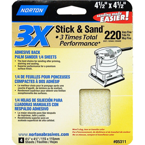 Notron Abrasive Paper, ProSand Stick & Sand For Palm Sanders, 4-1/2" x 4-1/2", 220 Grit, pkg/4
