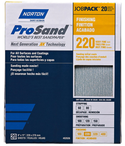 Norton Abrasive Paper, ProSand High Performance, Aluminum Oxide/Open Coat, 9" x 11", 220 Grit, pkg/20